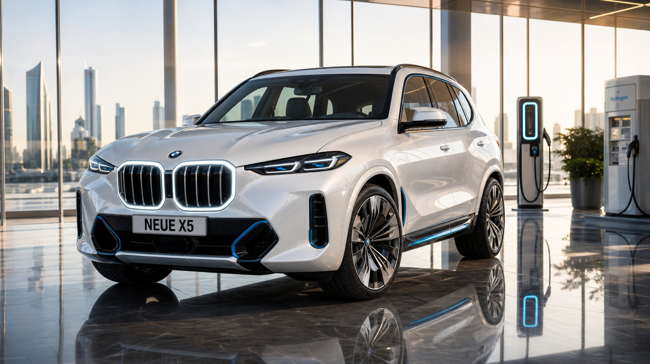 Carro SUV BMW X5 branco em showroom moderno com piso refletivo e estação de recarga elétrica.