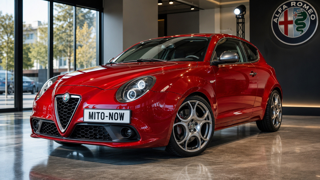 Carro esportivo Alfa Romeo Mito vermelho exibido em showroom moderno com luz natural.