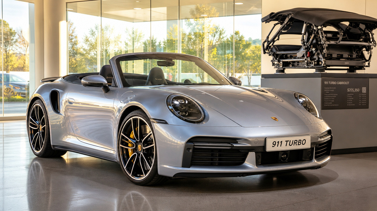 Carro esportivo Porsche 911 Turbo conversível prata exibido em showroom moderno com teto retrátil ao fundo.