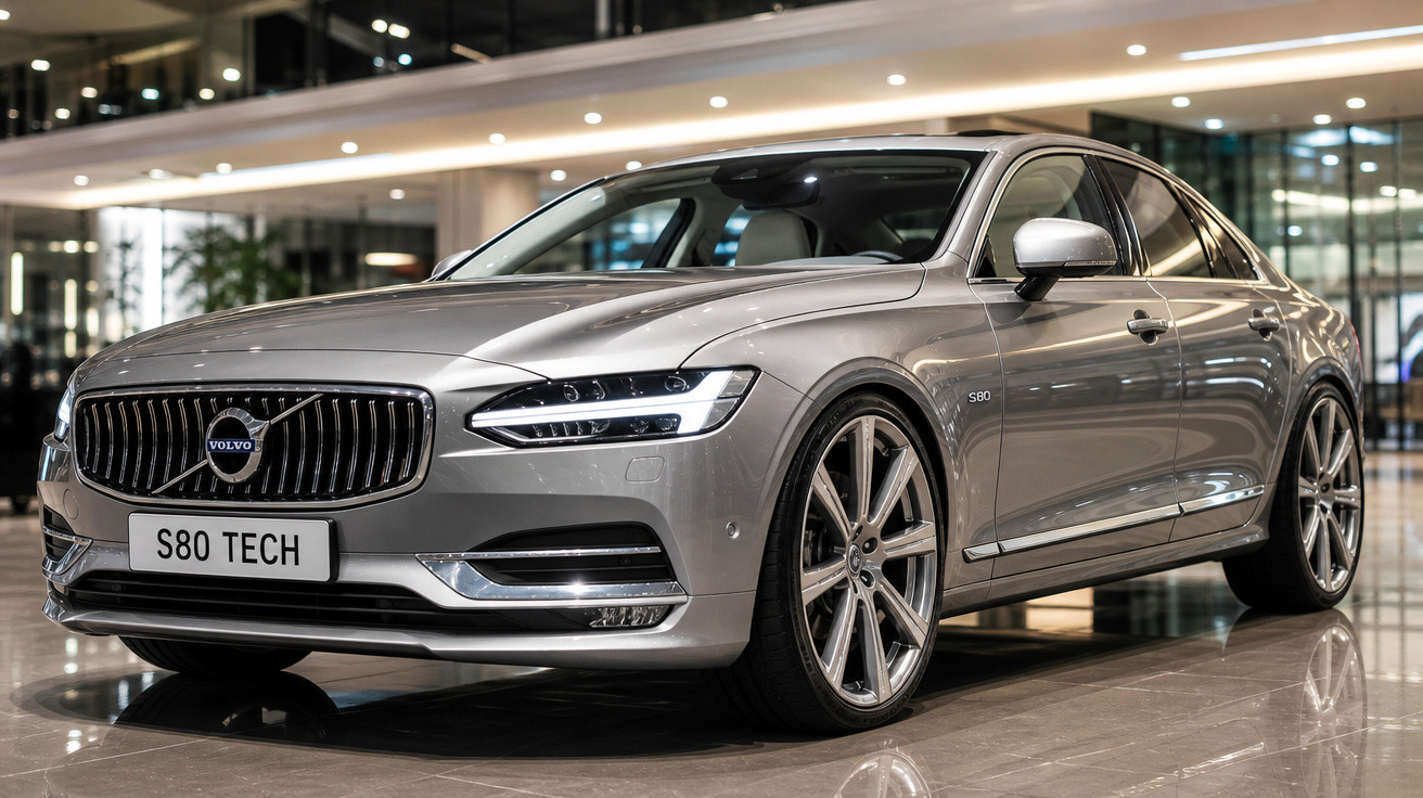 Carro prata Volvo S80 TECH exibido em showroom com piso espelhado e iluminação interna brilhante.