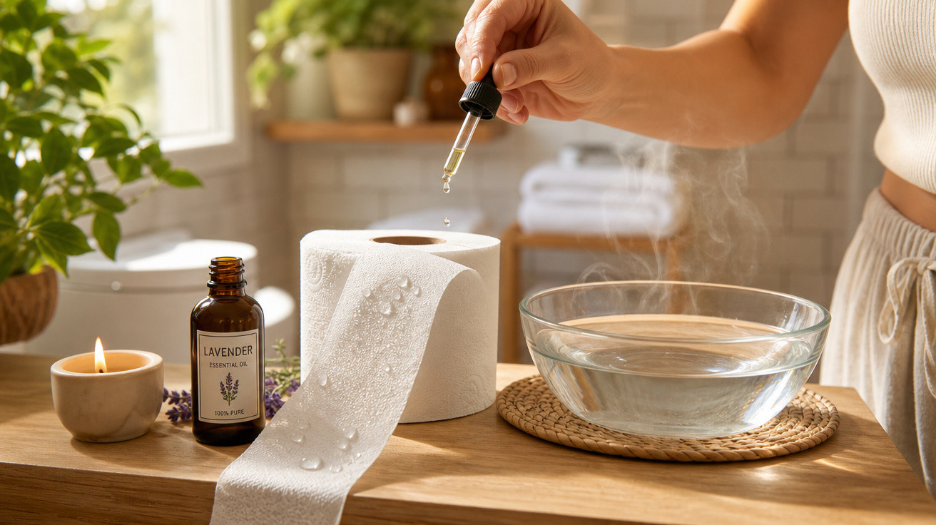 Pessoa pingando óleo essencial de lavanda em papel toalha ao lado de tigela com água quente e vela acesa.