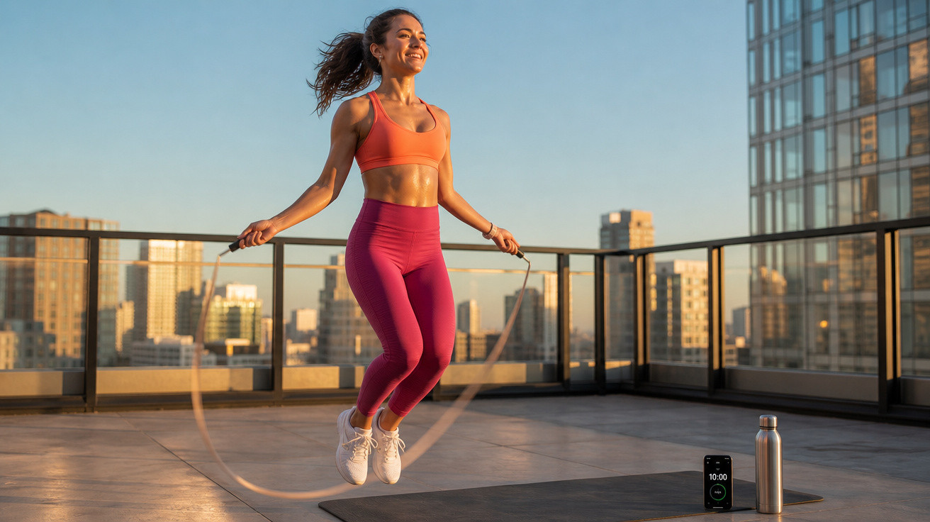 Mulher pulando corda em varanda com cidade ao fundo, usando roupas esportivas e sorrindo ao amanhecer.