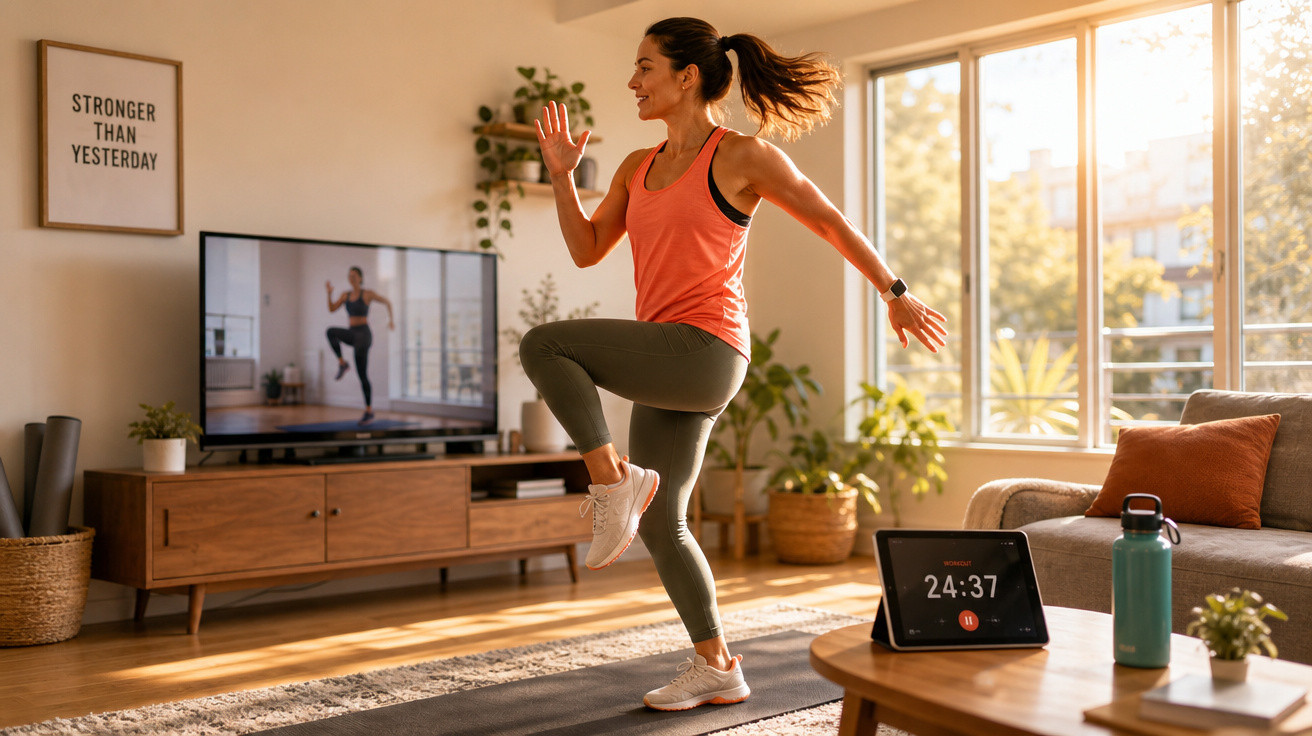Mulher treinando em casa com roupa esportiva, acompanhando aula de exercícios na TV em sala iluminada.