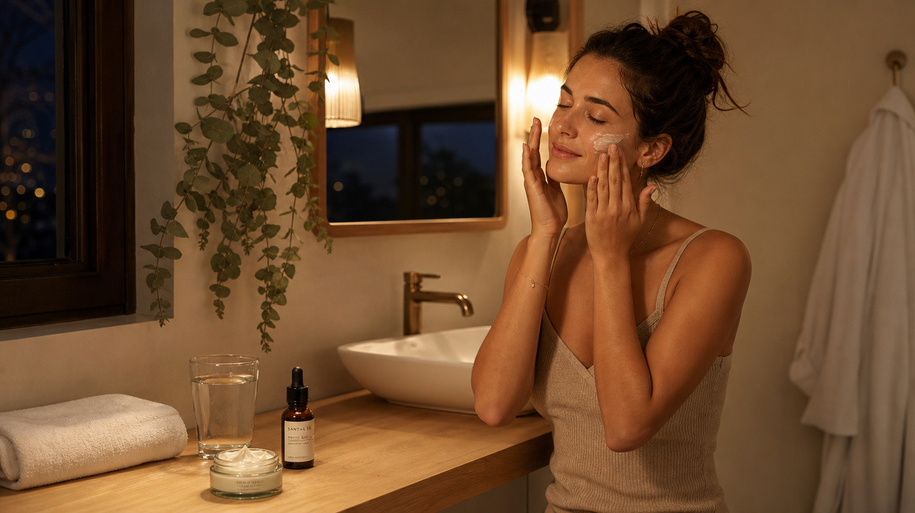 Mulher aplicando creme no rosto em banheiro com luz suave e decoração com plantas e toalha branca.