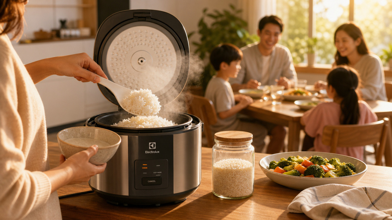 Pessoa servindo arroz de panela elétrica com família sorridente ao fundo em cozinha iluminada.