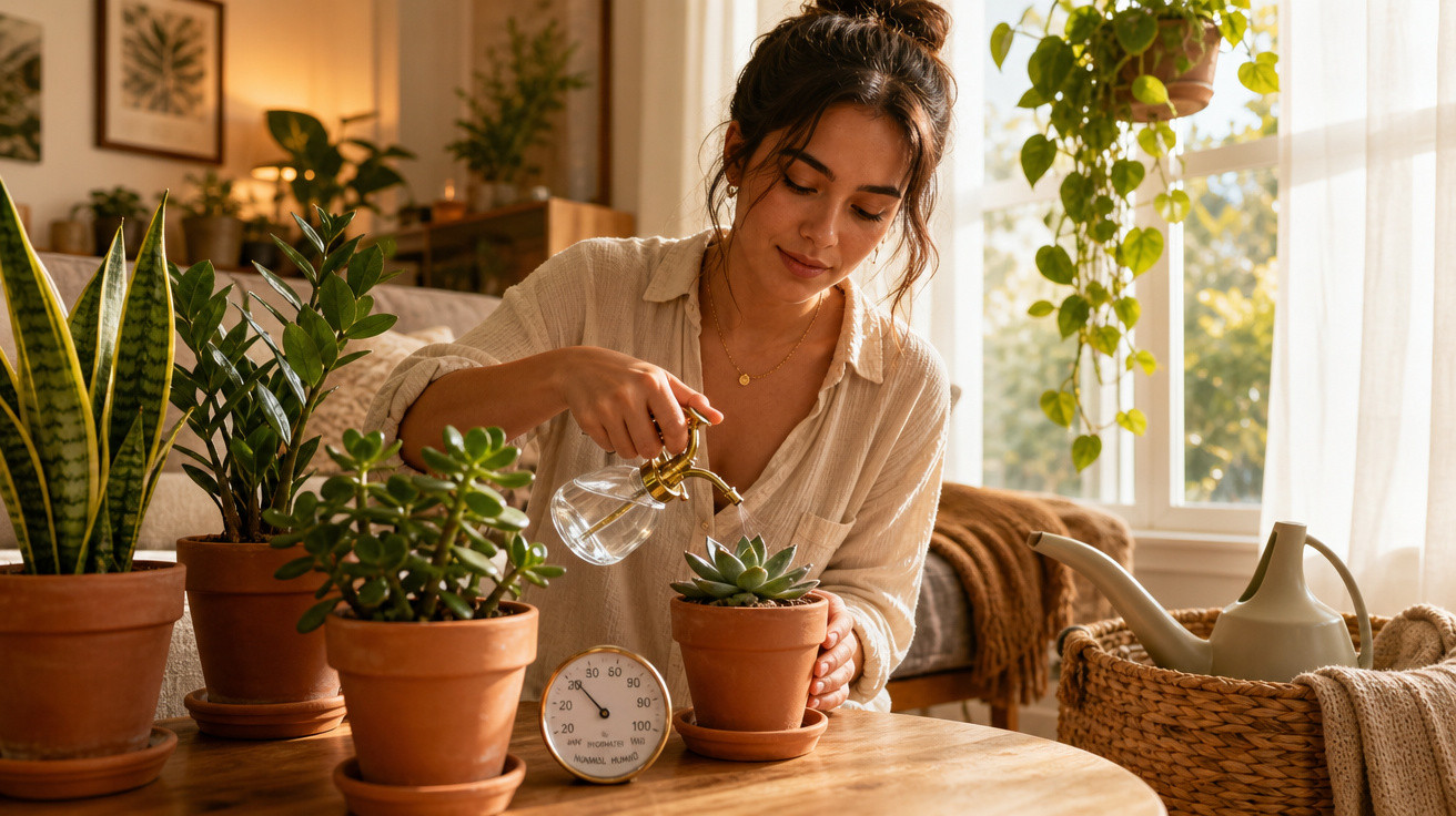Mulher regando suculenta com borrifador, rodeada de plantas em vasos de barro na sala iluminada.