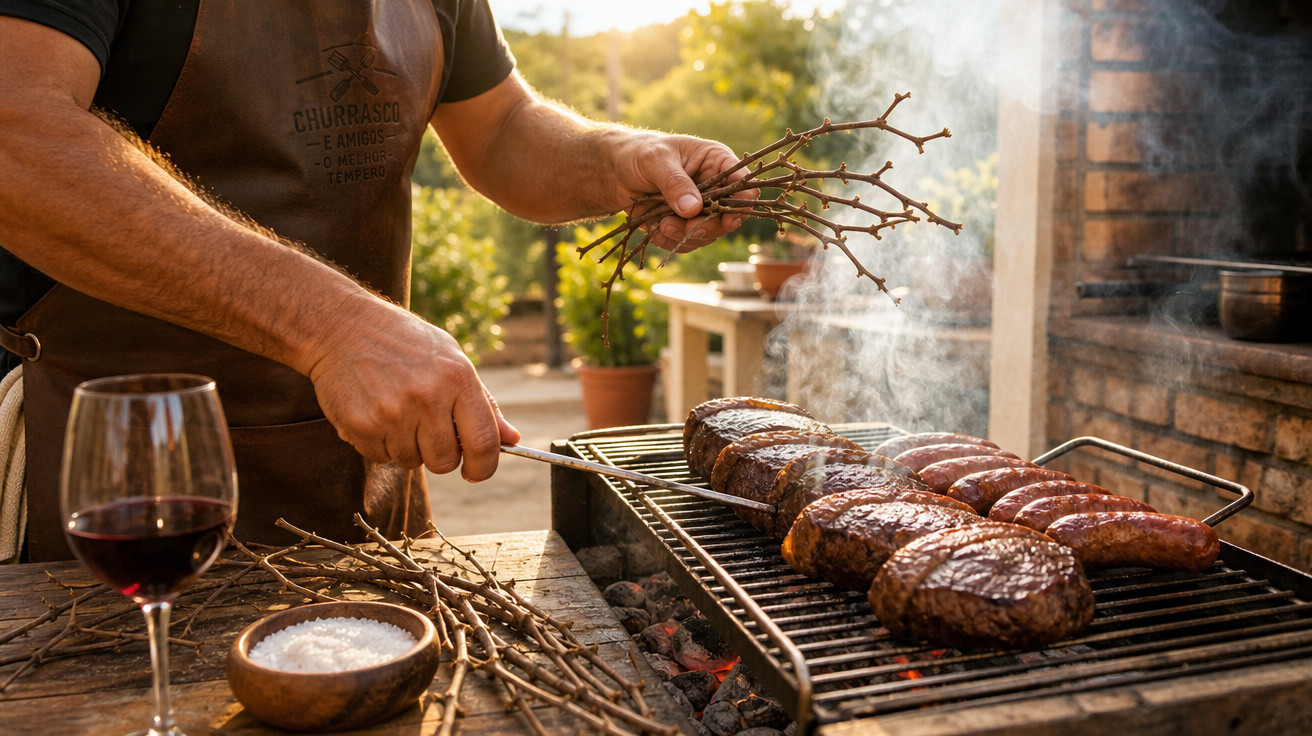 Homem tempera carnes na grelha de churrasco ao ar livre, com taça de vinho e sal ao lado.