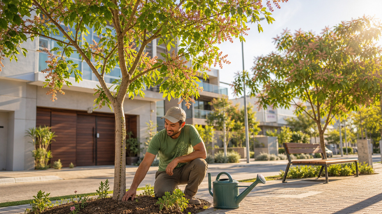 Homem cuidando de plantas no canteiro de árvore em área urbana durante o dia ensolarado.