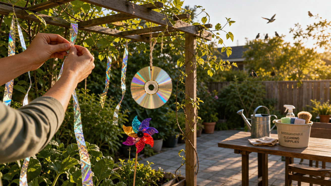 Pessoa pendurando fitas decorativas em jardim com CD, catavento colorido e mesa com regador e materiais de limpeza biodegradá