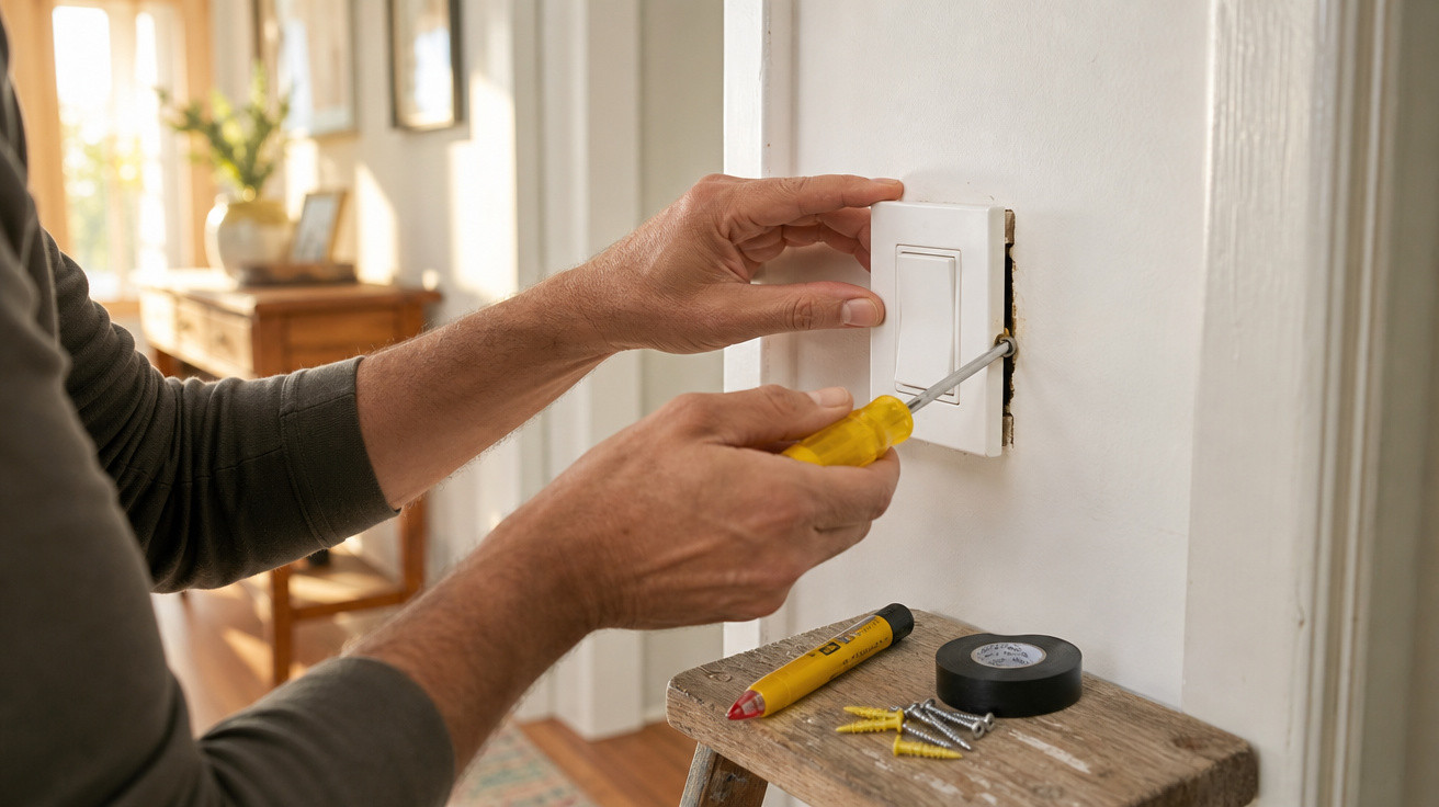 Pessoa ajustando interruptor de luz com chave de fenda dentro de casa, com ferramentas sobre banco próximo.