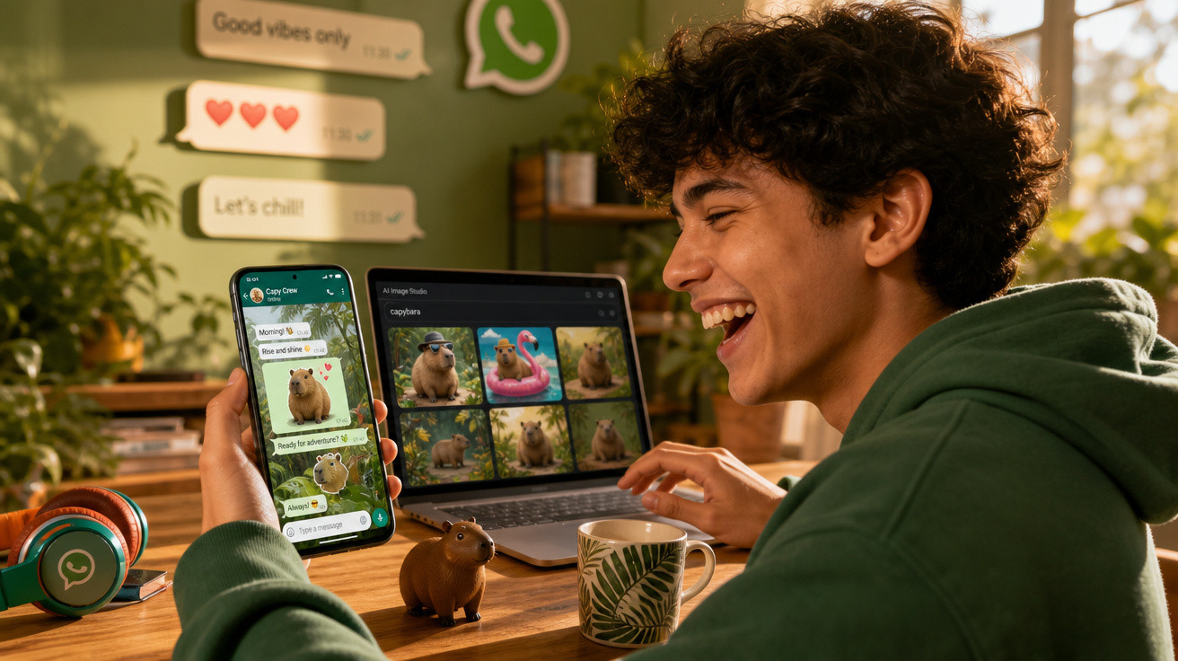 Jovem sorrindo com celular e laptop mostrando imagens de capivara, em ambiente aconchegante com tema WhatsApp.