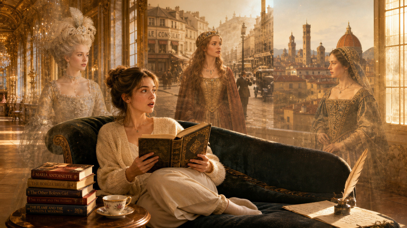 Mulher lendo livro em sofá rodeada por figuras femininas históricas em ambiente dourado e antigo.