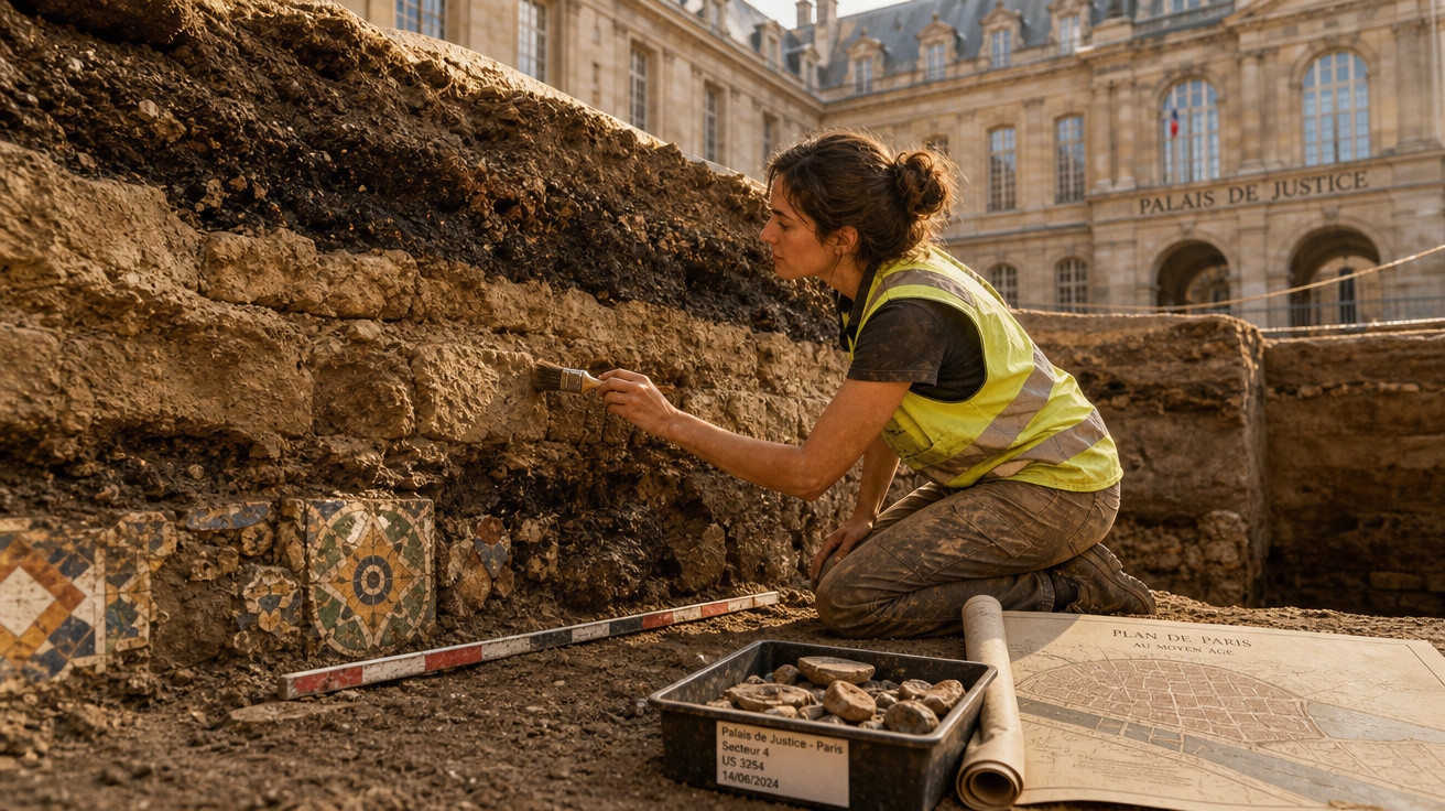 Arqueóloga limpando mosaicos antigos em escavação arqueológica próxima ao Palais de Justice.