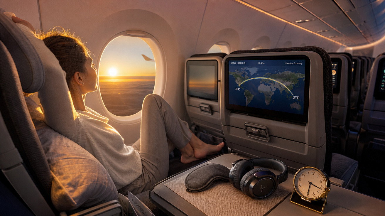 Mulher relaxando em assento de avião com vista para o pôr do sol e tela com mapa de voo.
