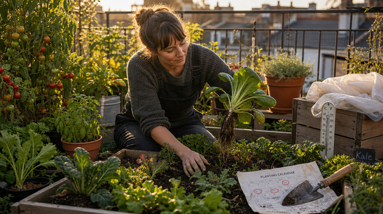 Mulher colhendo verduras em horta orgânica caseira ao entardecer em varanda urbana.