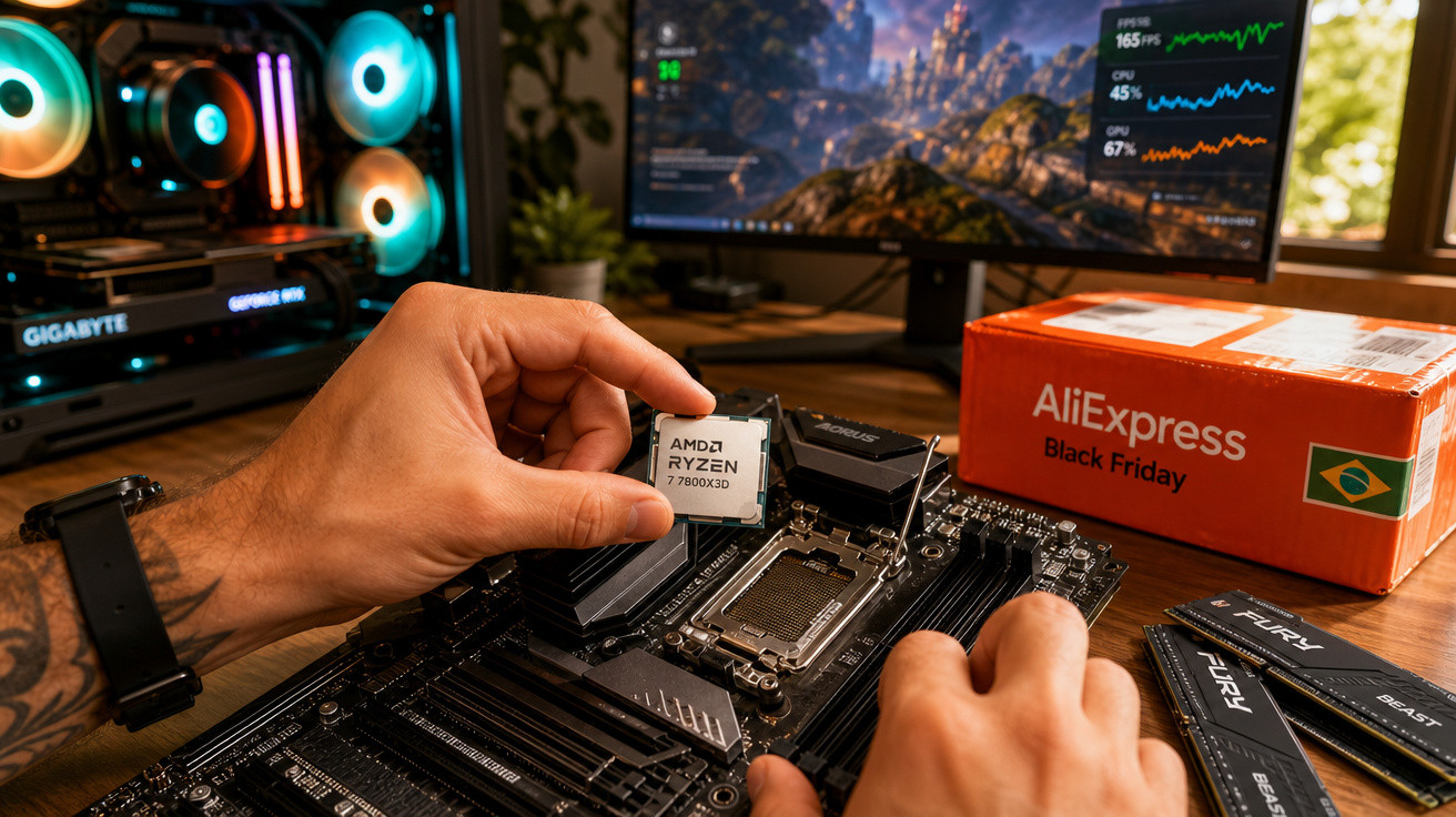 Pessoa instalando processador AMD Ryzen 7 7800X3D em placa-mãe, com computador e caixa AliExpress ao fundo.