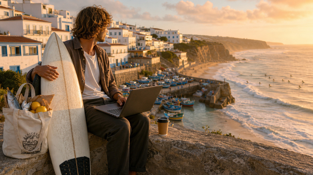 Homem com prancha de surfe e notebook observa o mar em vilarejo litorâneo ao pôr do sol.