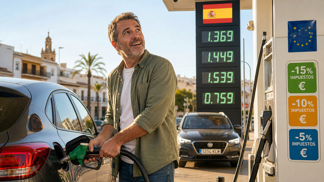 Homem abastecendo carro em posto de gasolina com preços e descontos de impostos na Espanha.