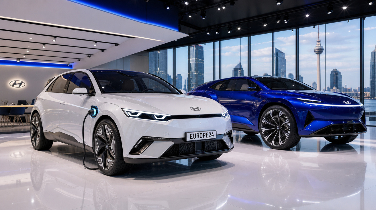 Dois carros elétricos da Hyundai em exibição interna, um branco com carregador conectado e outro azul, com vista para cidade.