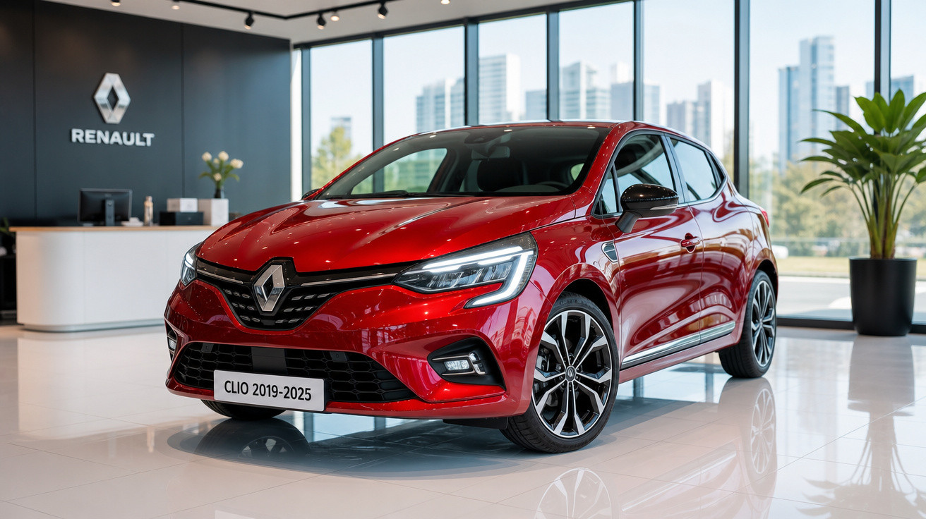 Carro Renault Clio vermelho 2019-2025 exposto em salão moderno com piso branco e parede de vidro.