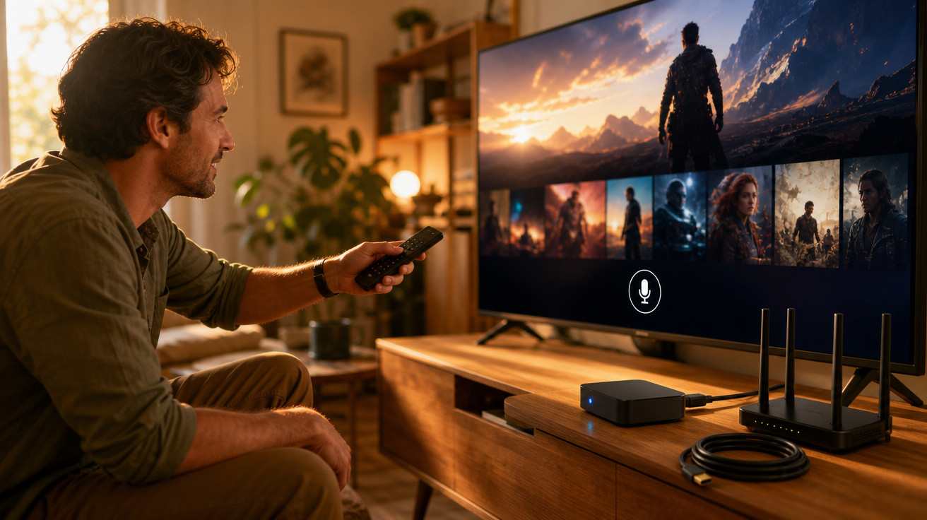 Homem sentado no sofá usando controle remoto para navegar em streaming na TV da sala.