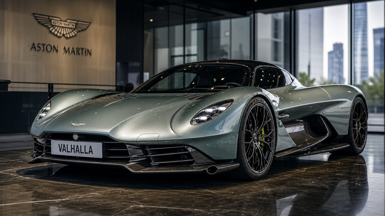 Carro esportivo Aston Martin Valhalla cinza metálico exibido em showroom sofisticado.