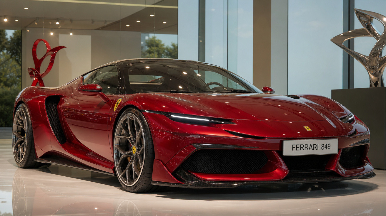 Carro esportivo Ferrari vermelho brilhante exibido em ambiente iluminado com piso branco e grandes janelas.