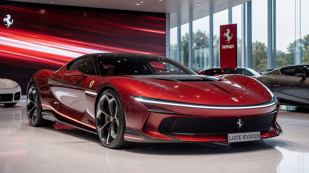 Carro esportivo Ferrari vermelho brilhante modelo Luce-EV2030 exibido em showroom moderno com piso branco.