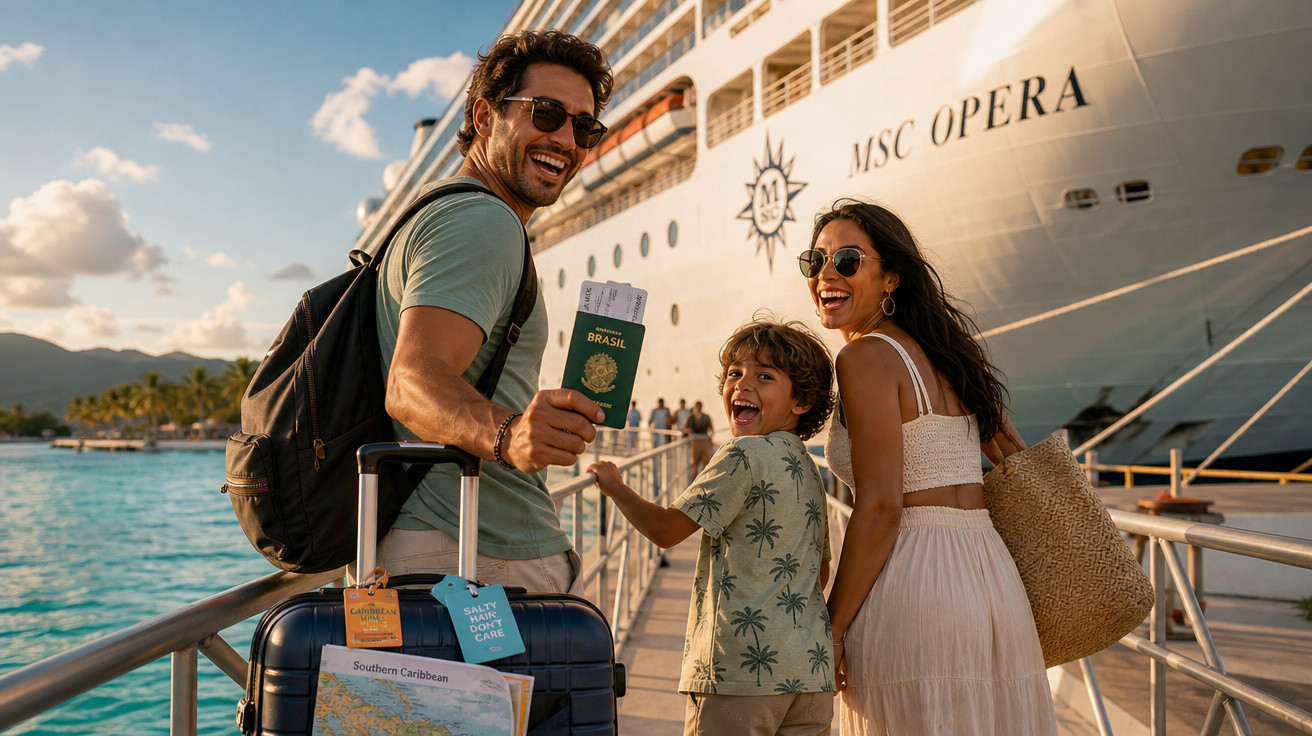 Família feliz com passagens e malas embarca em navio MSC Opera em pier ensolarado com mar ao fundo.