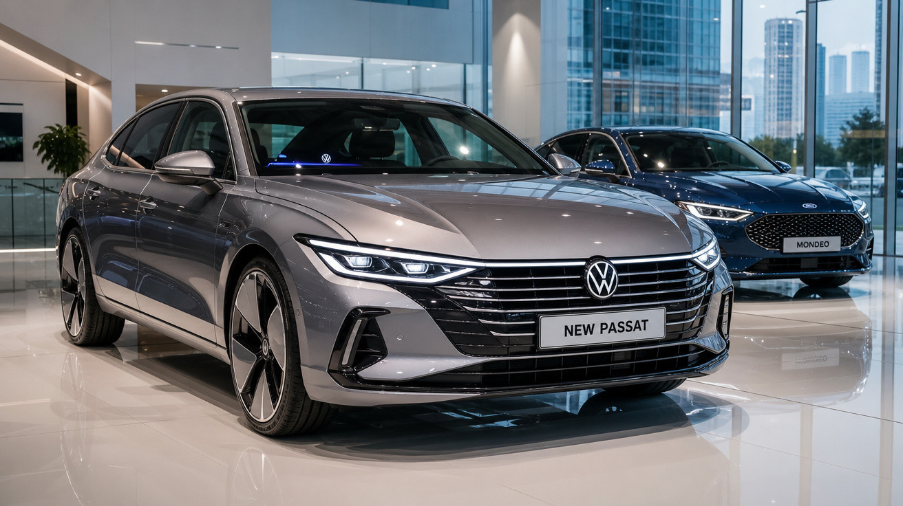Carros Volkswagen New Passat cinza e Ford Mondeo azul exibidos em showroom moderno com piso branco e parede de vidro.