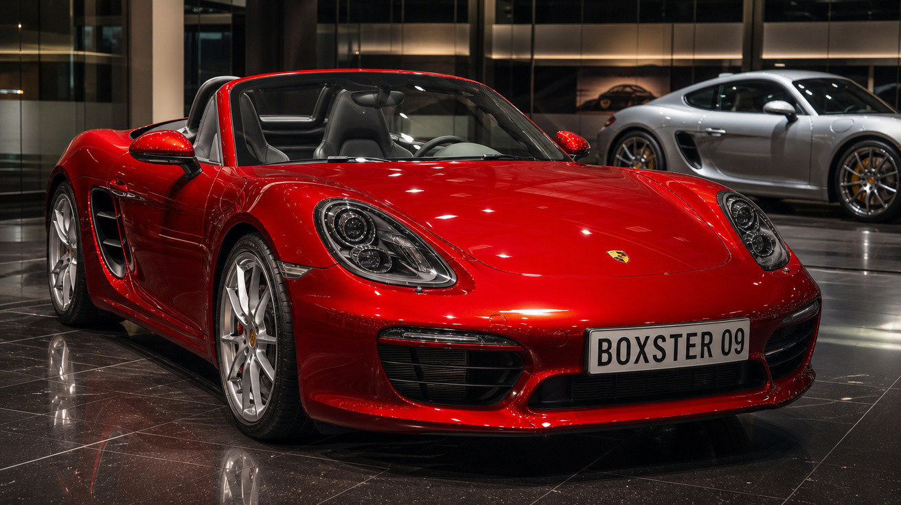 Carro esportivo conversível vermelho Porsche Boxster 09 em showroom com piso refletivo preto.
