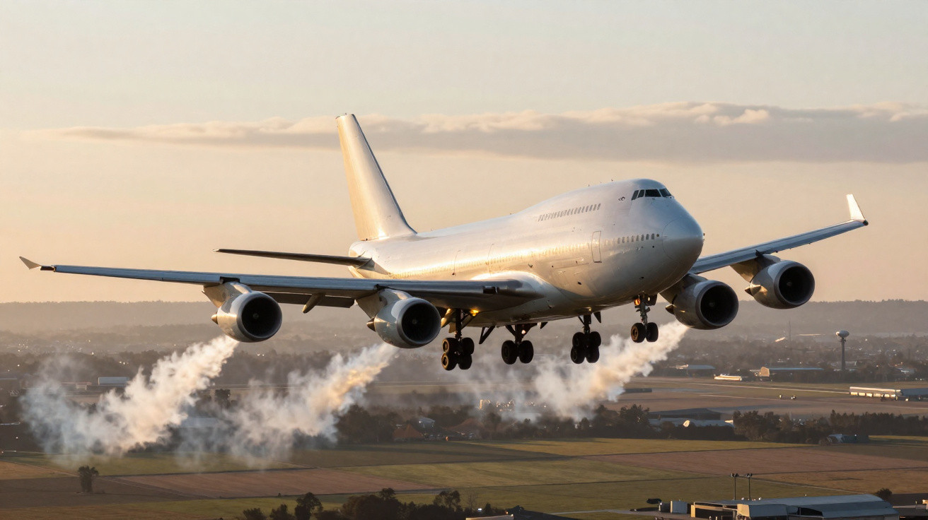 Avião comercial branco com quatro motores pousando em campo aberto ao entardecer, deixando rastros de fumaça.
