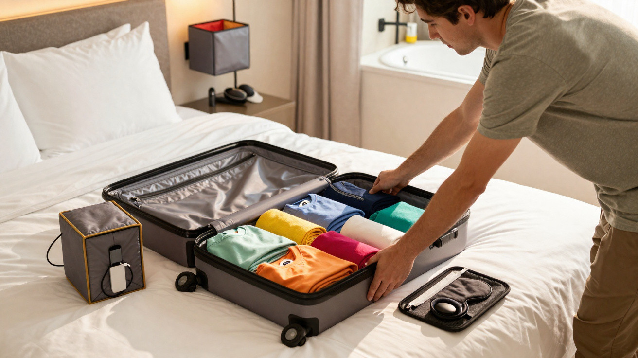Pessoa organizando roupas coloridas em mala preta sobre cama branca em quarto iluminado.