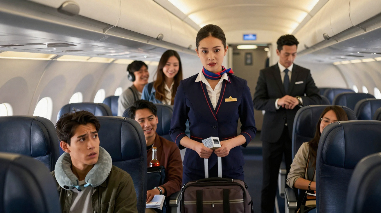 Comissária de bordo de pé no corredor de um avião com passageiros sentados prestando atenção.
