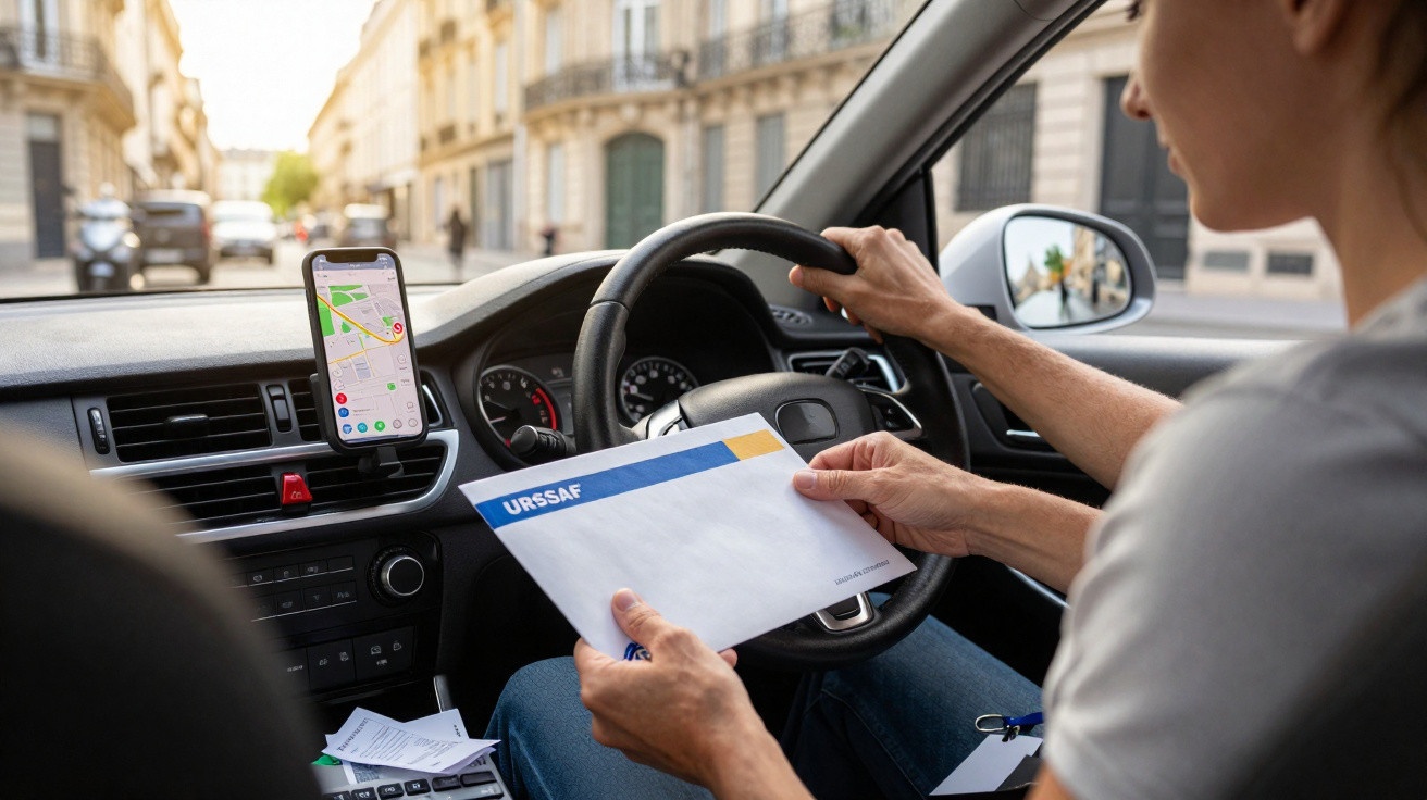 Pessoa dirigindo carro com GPS no celular e segurando um envelope da Urssaf no banco da frente.