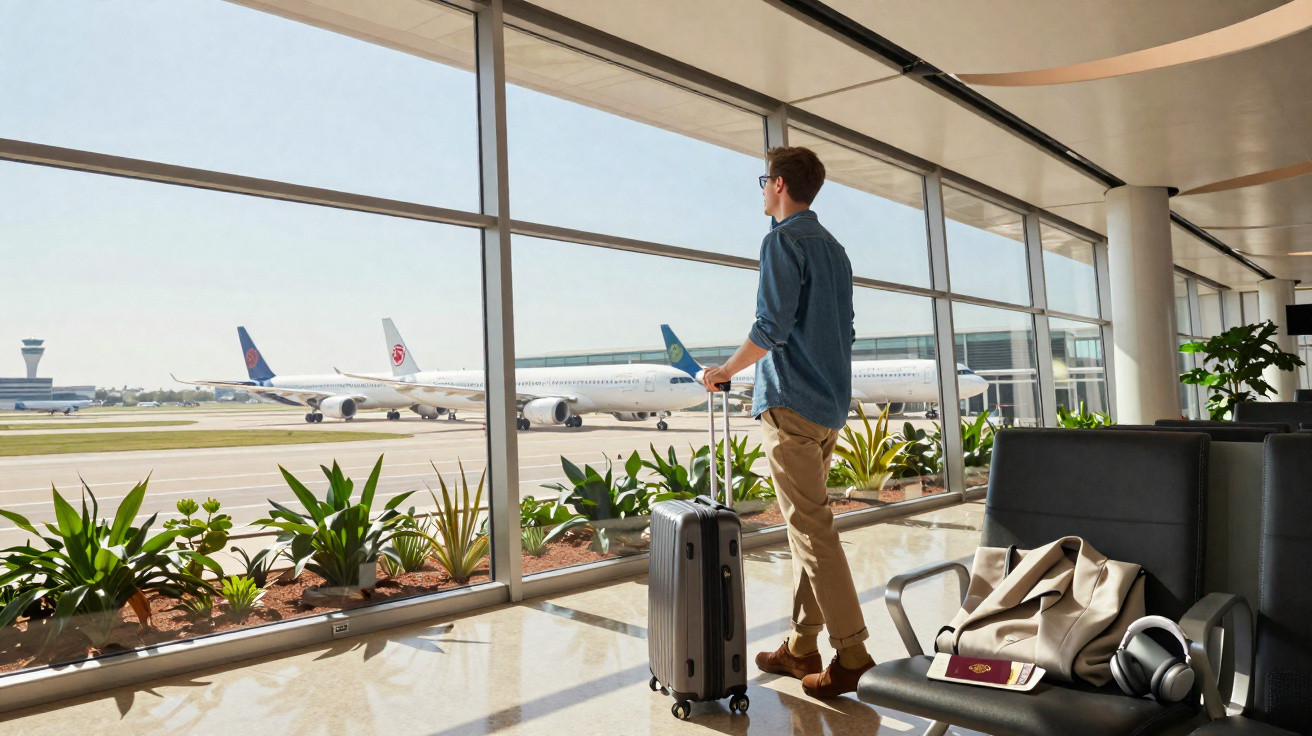 Homem com mala cinza observa aviões no portão de embarque em aeroporto iluminado pelo sol.