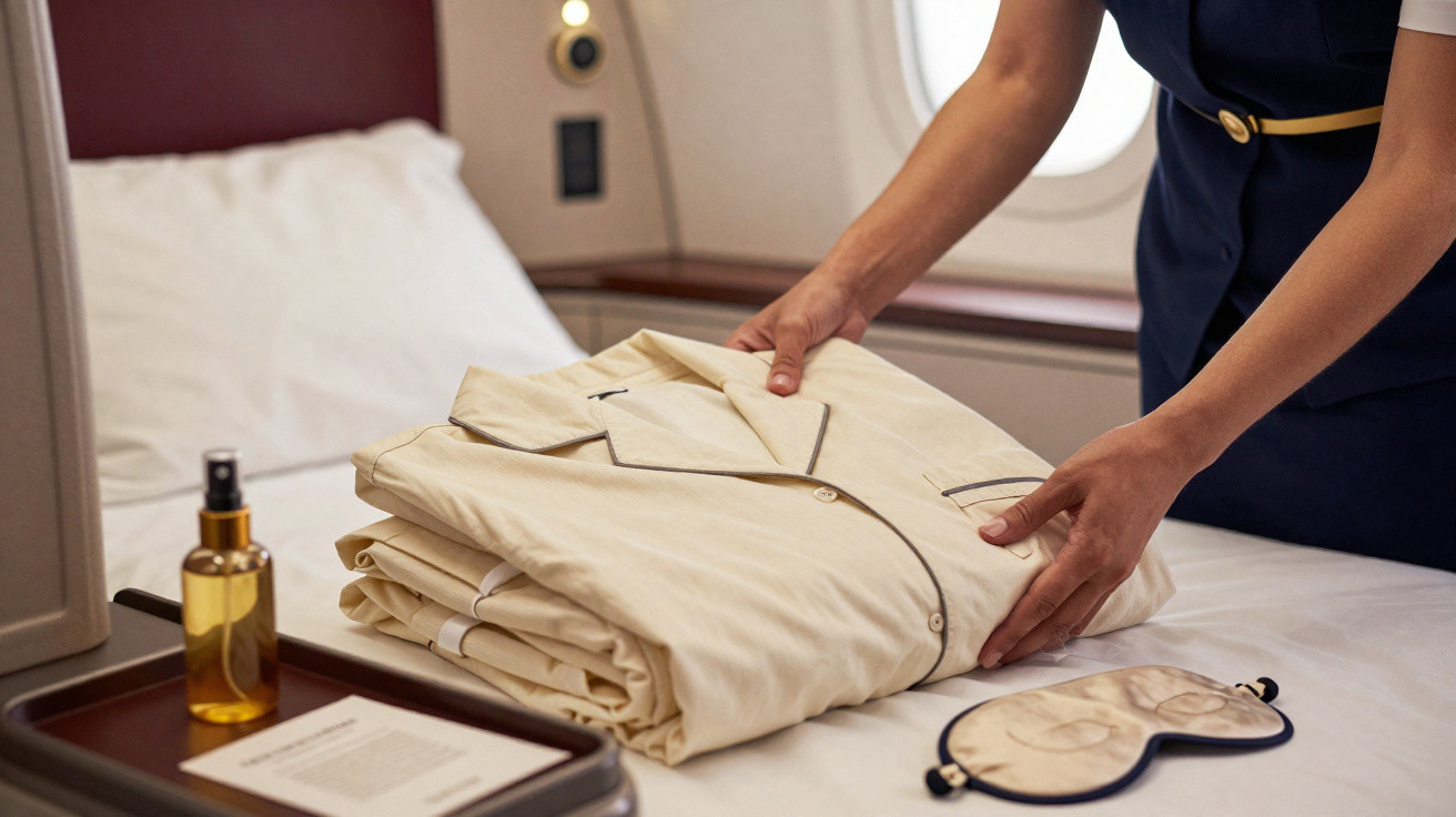 Mãos ajustando pijamas dobrados sobre cama em cabine de avião com máscara de dormir e frasco de spray.