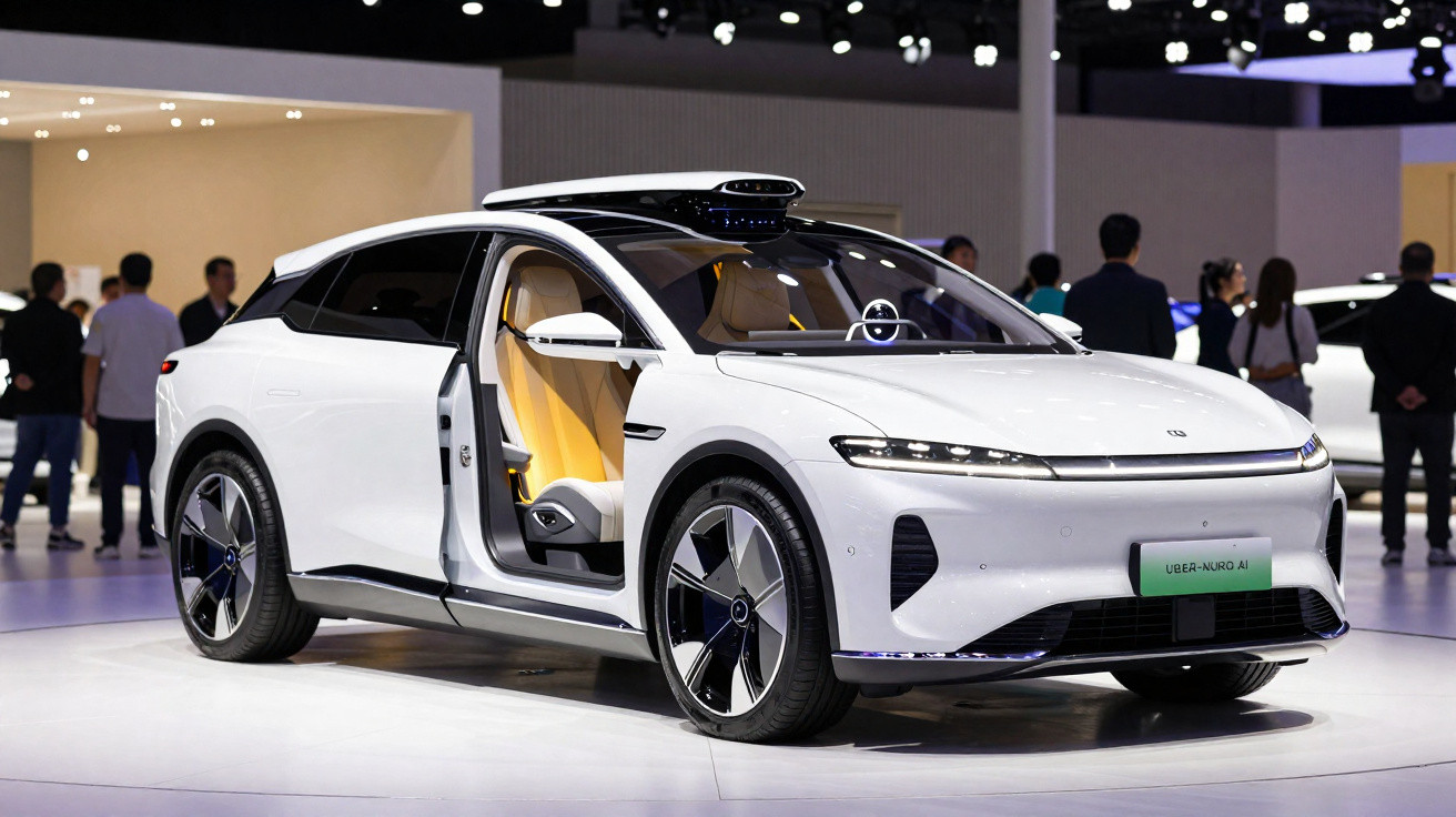 Carro elétrico branco com design futurista e porta dianteira aberta em exposição automotiva.