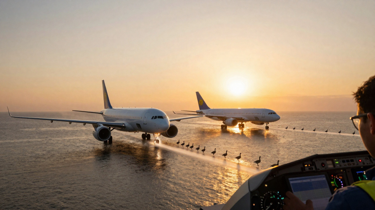 Dois aviões taxiando sobre a água ao pôr do sol, com bando de pássaros e vista da cabine do piloto.