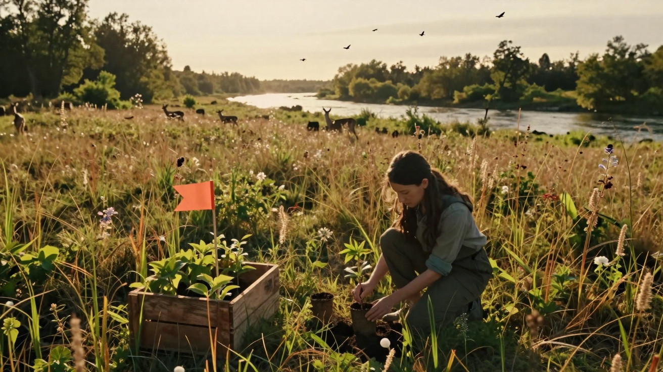 Mulher plantando mudas em campo aberto próximo a rio com cervos ao fundo no pôr do sol.