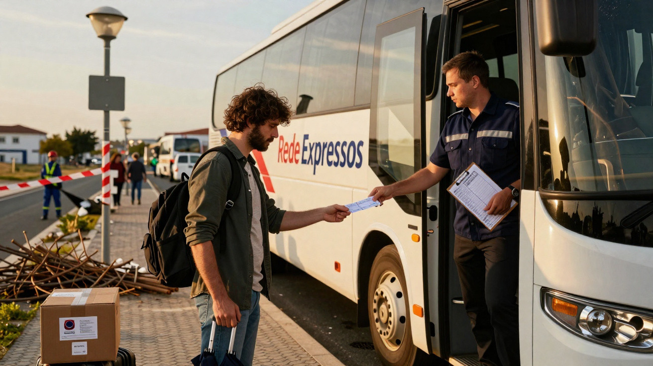 Passageiro entrega bilhete para motorista em ônibus da Rede Expressos em ponto de parada.
