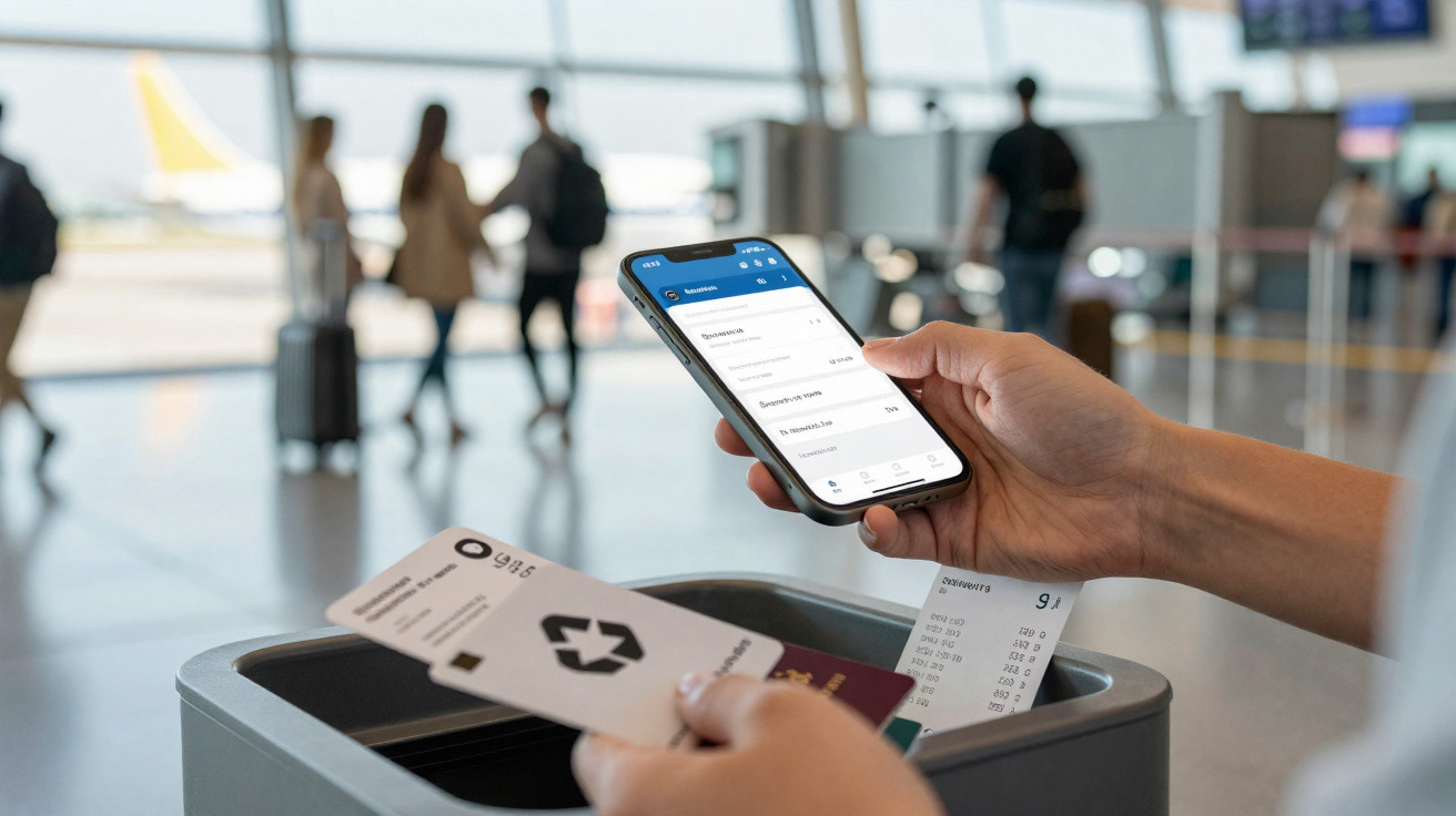 Pessoa usando celular para mostrar cartão de embarque digital no aeroporto, com mala e passageiros ao fundo.