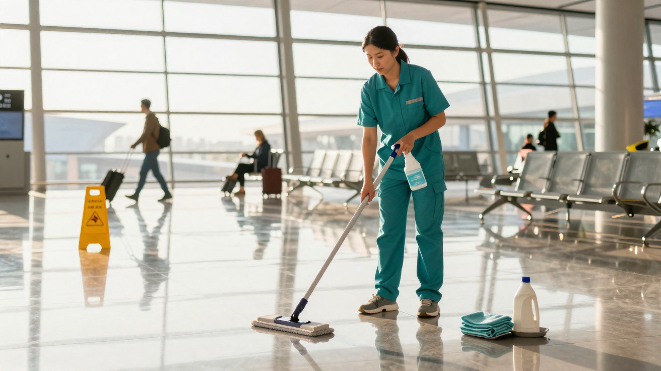 Funcionária limpando o chão de um aeroporto com rodo e produtos de limpeza, enquanto passageiros passam ao fundo.