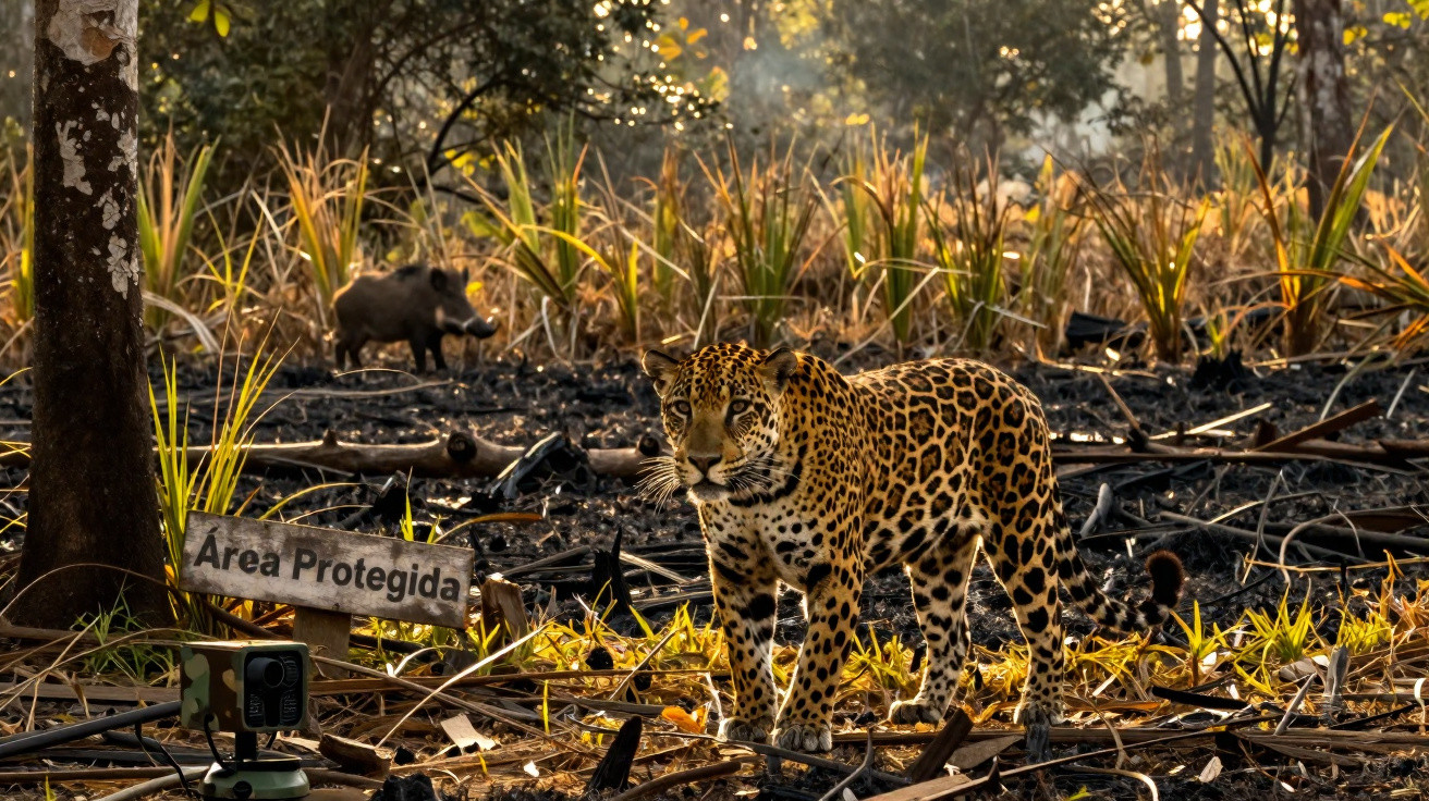 Onça-pintada em área protegida de mata com vegetação queimada e um cateto ao fundo.
