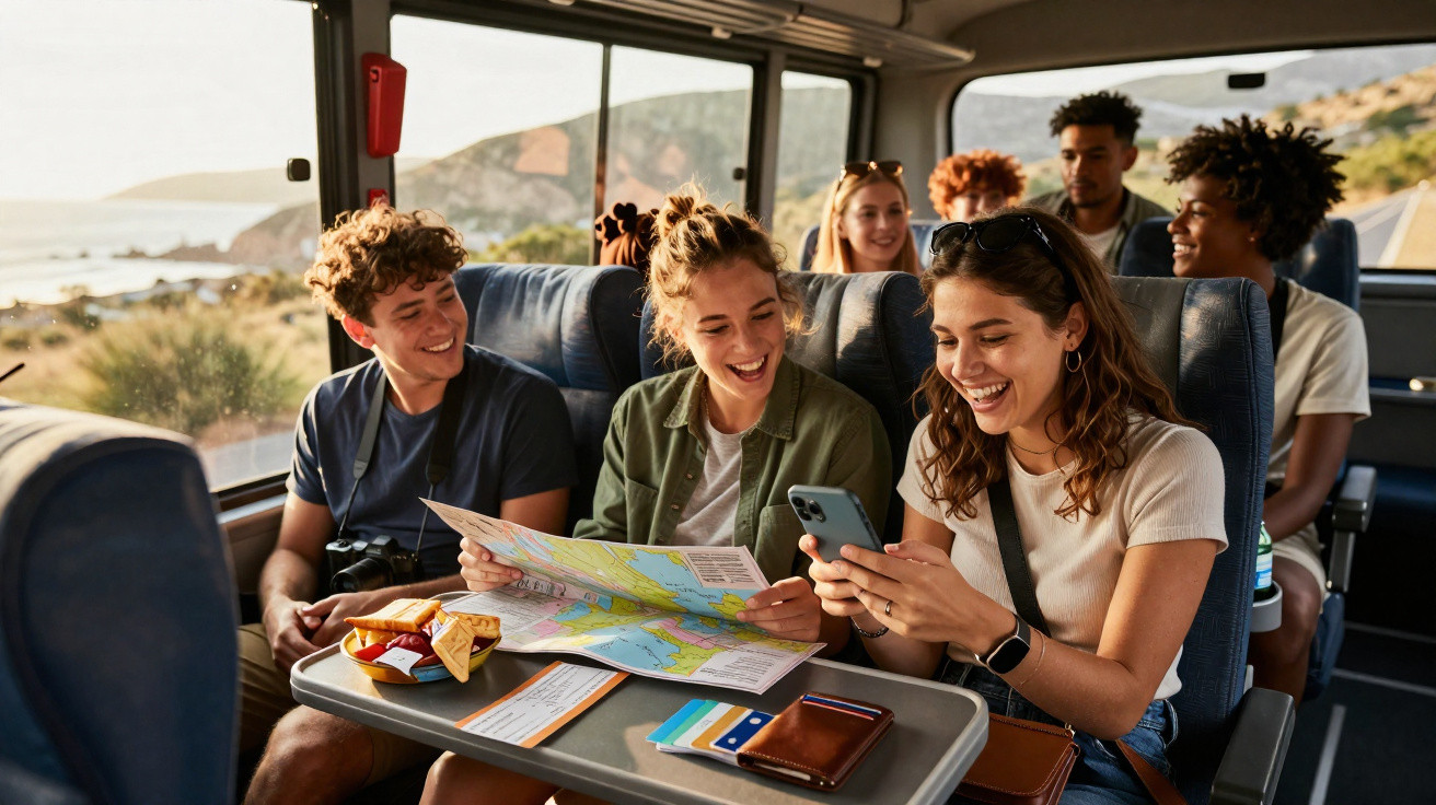 Jovens felizes conversando e olhando mapa e celular dentro de ônibus com paisagem de praia ao fundo.