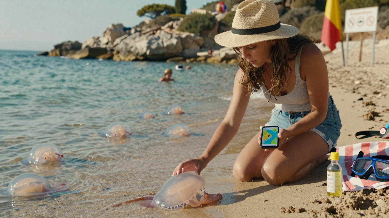 Mulher de chapéu na praia tocando uma água-viva enquanto segura um celular com jogo na tela.