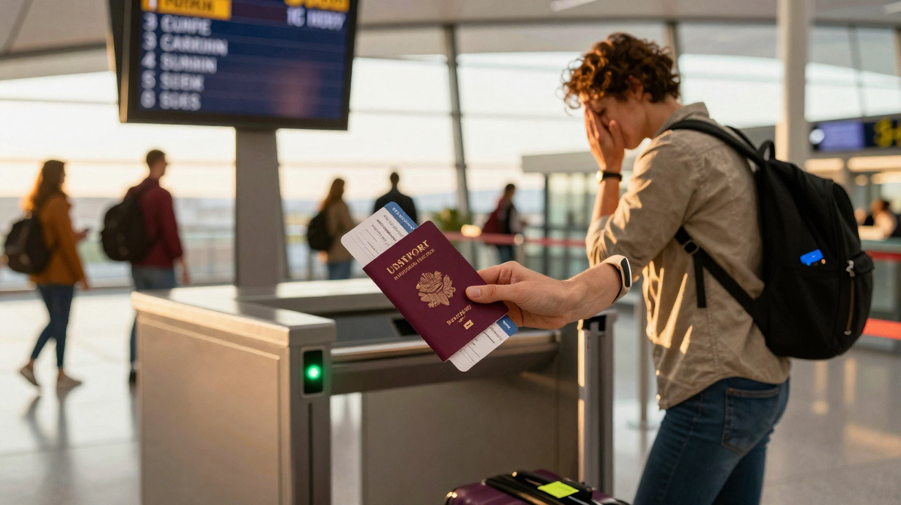 Pessoa segurando passaporte e cartão de embarque com outra cobrindo o rosto em aeroporto movimentado.