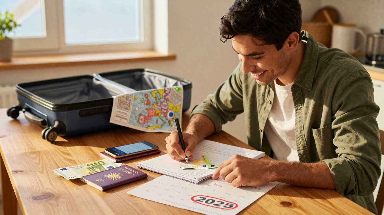 Homem jovem planejando viagem para 2025 com passaporte, dinheiro, mapa e mala aberta na mesa.
