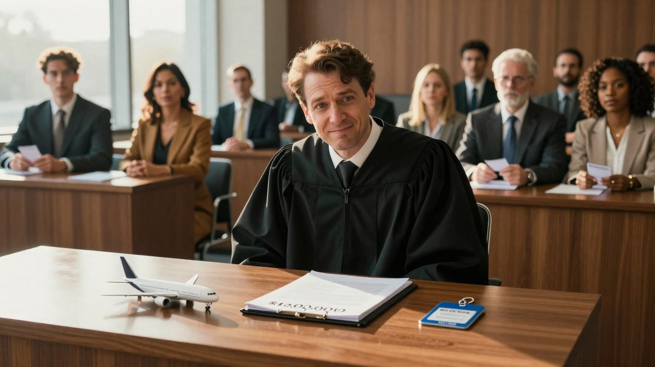 Juiz sorridente em tribunal com pessoas ao fundo e maquete de avião sobre mesa de madeira.