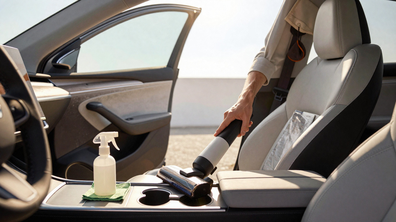 Pessoa usando aspirador portátil para limpar interior de carro com spray de limpeza ao lado.